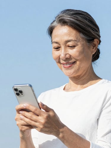 Approachable eye-level portrait of a smiling mature woman holding a smartphone, bright natural daylight, clean blue and white tones, soft background focus