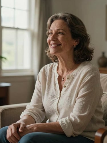 Retrato em plano médio de uma mulher de trinta anos sorrindo, sentada de forma confortável em sua sala de estar com iluminação natural suave vinda da janela lateral, transmitindo acolhimento e paz.