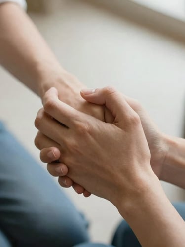Close-up of two women holding hands in a gesture of gratitude and community support, soft natural daylight, shallow depth of field.