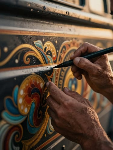 Close-up of an artisan's weathered hands painting intricate, vibrant truck art motifs on a dark metal surface, warm golden side-lighting, cinematic depth of field
