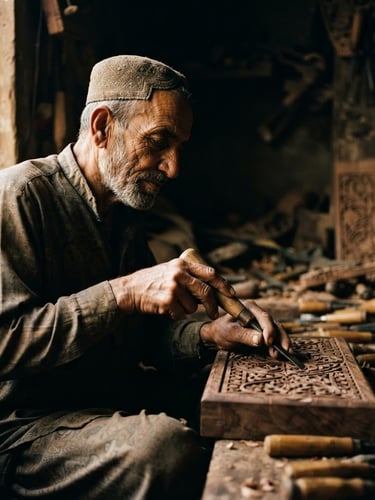 Intimate portrait of an elder Pakistani wood carver in Chiniot, dramatic side-lighting, warm golden highlights catching the deep wood textures and his hands, moody charcoal background, 35mm lens.
