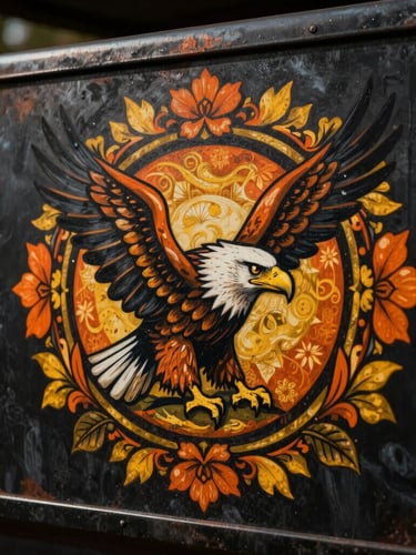 Vibrant hand-painted truck art motif of a majestic eagle surrounded by orange and yellow floral borders on a dark textured metal panel, dramatic side-lighting, macro detail
