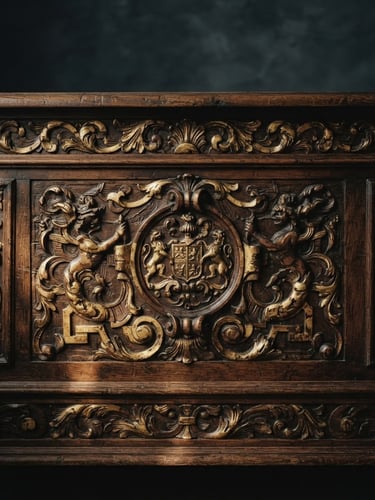 Moody editorial portrait of a hand-carved wooden chest, dramatic side-lighting catching the deep grain and gold leaf accents, charcoal background, 35mm lens