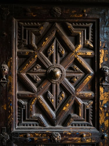 Intricate geometric wood carving detail on an ancient door frame in Swat Valley, moody side-lighting, deep shadows, antique textures