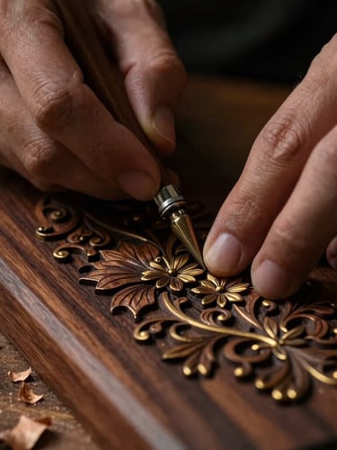 Macro detail shot of an artisan's hands carving intricate floral patterns into dark walnut wood, wood shavings on the workbench, warm side-lighting, 35mm lens