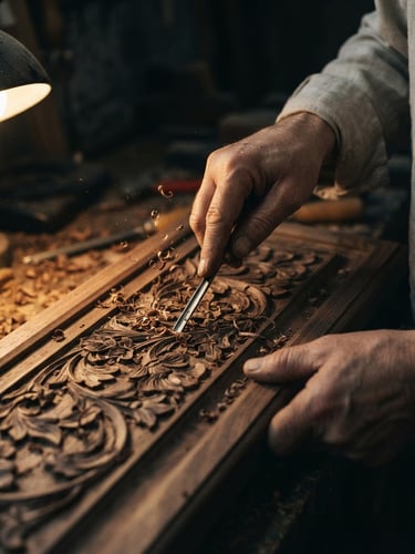 Moody close-up of an artisan's hands carving intricate floral patterns into dark walnut wood, warm side-lighting catching wood shavings, 35mm lens