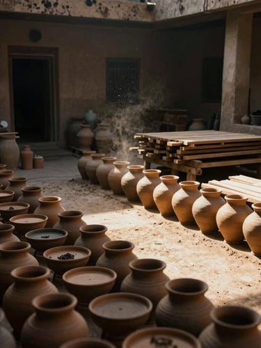 Wide panoramic view of a traditional sunlit courtyard workshop in Pakistan, clay pots drying, wood planks stacked, soft dust motes in the air, moody side-lighting.