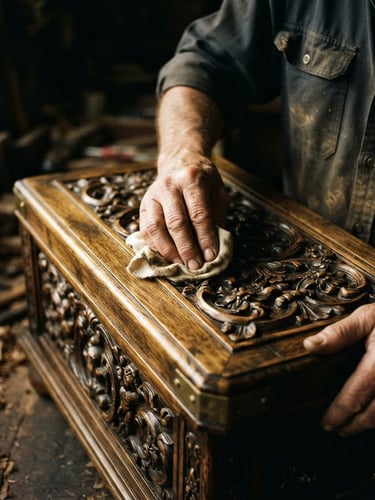 A close-up of a master artisan's hands carefully polishing an intricate hand-carved wooden chest, warm side-lighting catching the gold wood grain, dark moody background, 35mm lens