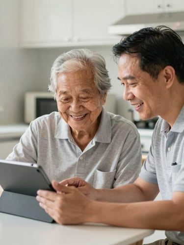 Warm editorial photography, natural daylight, bright and inviting, a patient coach sitting at a kitchen table guiding a smiling Singaporean senior on a tablet, shallow depth of field