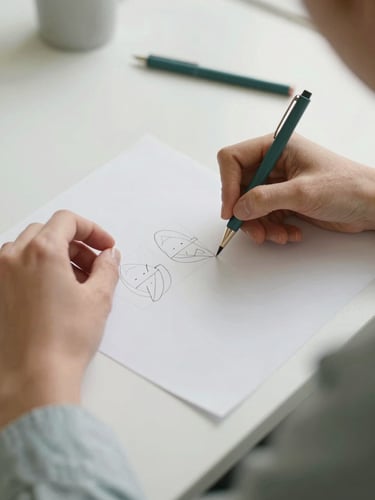 Close-up of elegant hands sketching wireframes on a clean desk, soft natural daylight, warm tones, 35mm