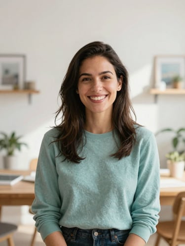 A diverse female entrepreneur smiling warmly in a bright, sunlit creative studio, clean composition, shallow depth of field, warm editorial style
