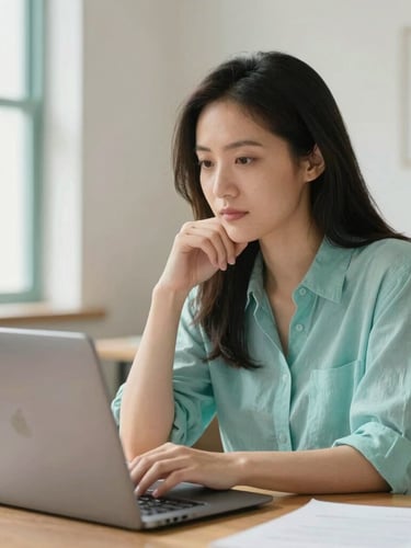 A female founder in a bright, natural workspace, looking thoughtfully at a laptop screen, warm daylight, soft teal tones, clean composition, 35mm