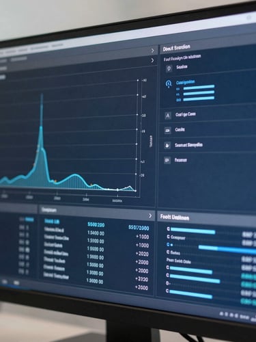 Macro close-up of a high-resolution data dashboard on a physical monitor, sharp focus, cool daylight, midnight blue and graphite tones.