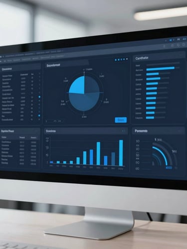 Macro close-up of a high-resolution data dashboard on a physical monitor, clean architectural lines of a modern office space, cool daylight, sharp focus.