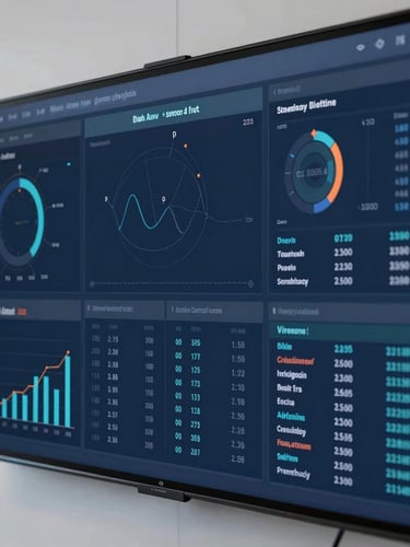 Close-up of high-resolution data dashboards on a physical screen in a clean corporate environment, cool daylight