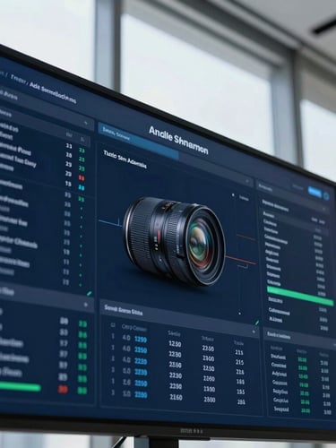 Close-up of a high-resolution data dashboard on a physical screen in a cool daylight corporate office, architectural lines, sharp focus, 35mm lens