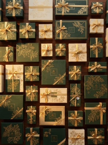 Overhead flat-lay of curated gold-foiled Nut Valley gift boxes on polished walnut, warm golden-hour side lighting, macro lens