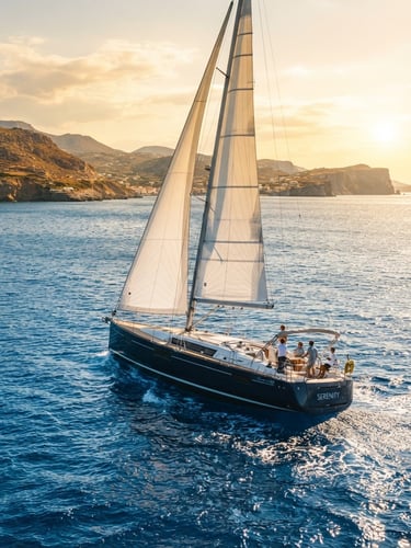 Wide environmental shot of the Oceanis 60 sailing yacht with its deep blue hull cutting through the sparkling azure Mediterranean sea, golden hour sunlight, 35mm film look.