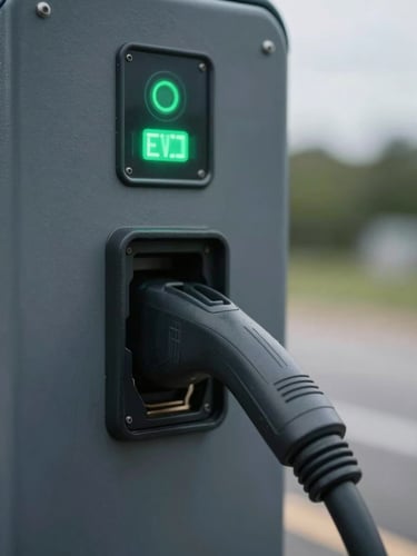 Extreme close-up of EV charging station status indicator panel showing green LED lights and a charging cable port, mounted on a dark powder-coated metal surface, overcast natural daylight, shallow depth of field with soft background