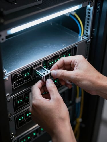 Close-up overhead shot of hands configuring a server panel, cool LED light from above casting precise shadows on cable management hardware, terminal-green indicator lights visible in background rack, dark environment