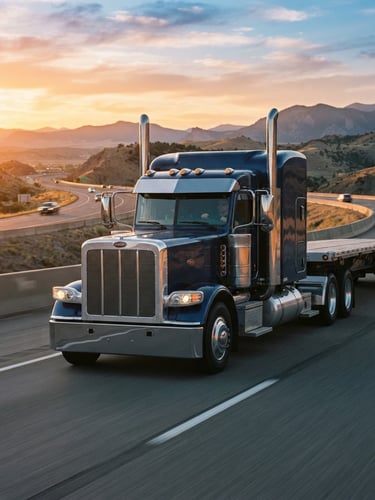A clean semi-truck cab in crisp golden hour morning light on an open highway, sharp focus, 35mm