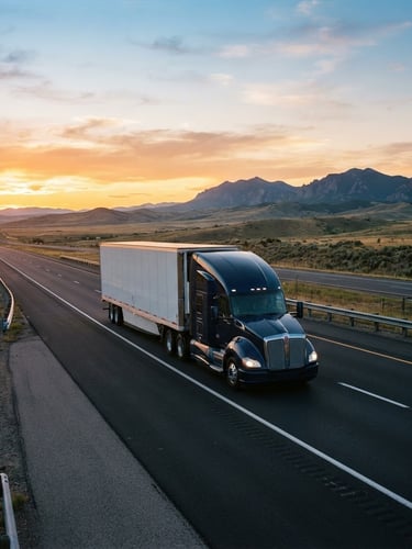 Wide environmental shot of a clean semi-truck on an open highway during golden hour sunrise, crisp morning daylight, sharp focus, 35mm