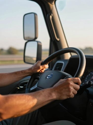 Close-up of a driver's hands on a steering wheel inside a modern truck cab, warm morning sunlight streaming through the window, sharp focus, 35mm