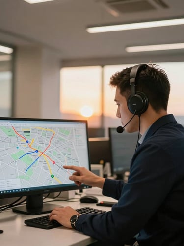 A professional dispatcher in a clean modern office looking at route maps on a screen, warm interior office light, sharp focus, 35mm