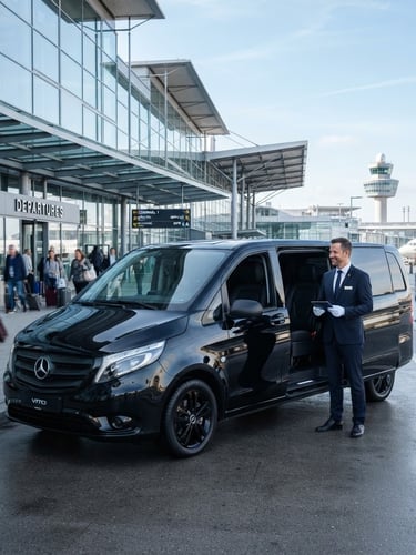 A spotless luxury modern black Mercedes Vito transfer van parked in front of a bright, sunlit modern airport terminal, professional chauffeur in clean attire standing by the open door, sharp focus, professional travel editorial