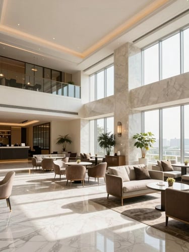 A bright and airy luxury hotel lobby with high ceilings, marble floors, and elegant modern furniture, soft morning sun streaming through large windows, professional travel editorial