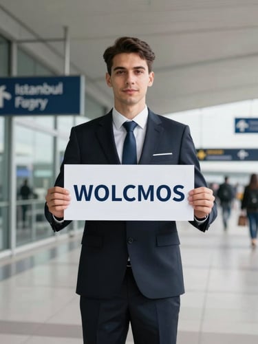 A professional chauffeur in a clean dark suit holding a welcoming sign at Istanbul Airport, bright natural daylight, crisp focus.