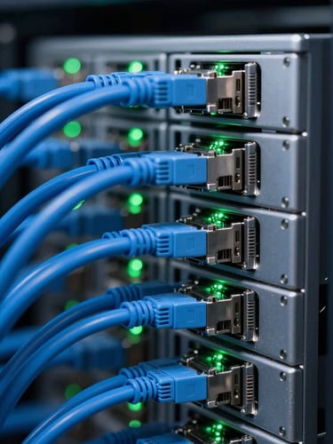 Cool-toned high-contrast macro shot of a meticulously organized server rack, clean blue ethernet cabling, active green indicator lights, shallow depth of field.
