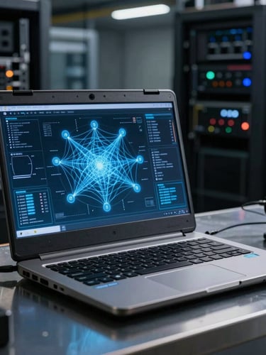 A rugged field laptop on a metal workbench displaying a real-time network topology diagram, cool blueprint-blue screen glow, high-contrast industrial server room background.