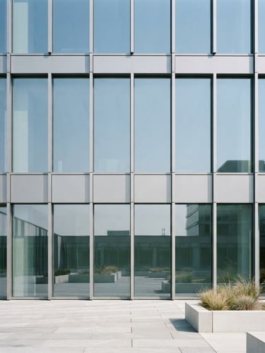 Minimalist corporate headquarters facade with clean glass lines, bright neutral daylight, cool corporate tones, sharp focus, 35mm lens