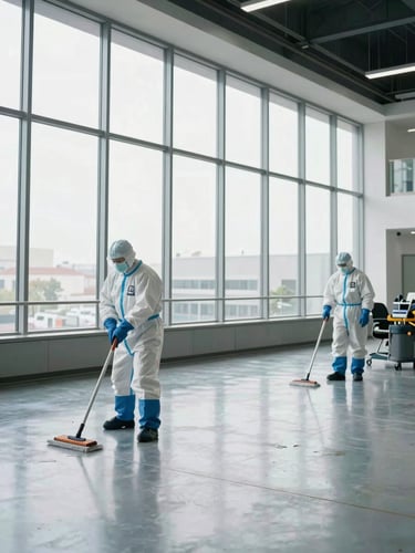 Wide environmental shot of two crew members in protective gear and gloves cleaning a large commercial office interior, bright even daylight through floor-to-ceiling windows, mops and professional equipment visible, straight-on 45-degree angle framing, clean polished floor reflecting the light