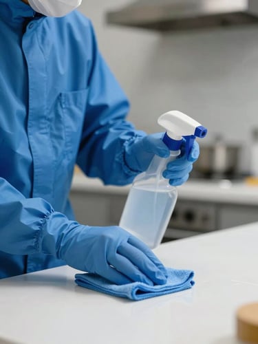 Close-up environmental shot of a crew member in blue protective gear applying detail cleaning to a kitchen countertop surface, natural studio lighting illuminating the clean white surface, professional cleaning cloth and spray bottle visible, straight-on framing showing the precision of the work