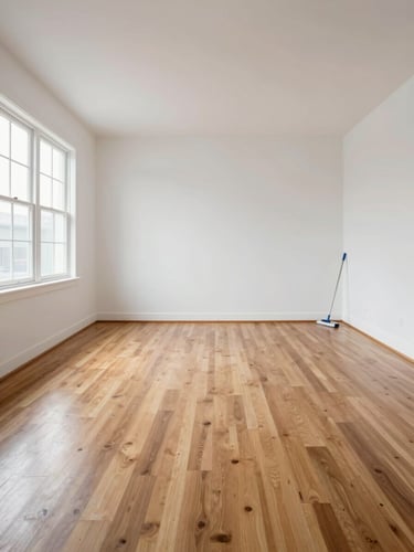 Wide environmental shot of a spotless, empty residential room photographed straight-on — white walls, hardwood floors gleaming under even natural daylight from a large window to the left, no furniture, a mop resting against the far wall — straight-angle composition showing the finished clean state clearly