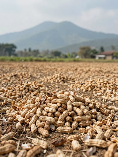 Wide shot of a sunlit Indonesian peanut farm during harvest, mountains in the background, soft natural daylight