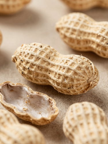 Macro texture of compressed peanut shell briquettes, natural warm tan fibers, soft overcast daylight, 35mm lens