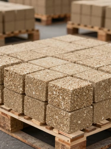 Close-up of clean, structured shipping pallets loaded with packed peanut shell briquettes inside a bright Indonesian warehouse, soft natural lighting