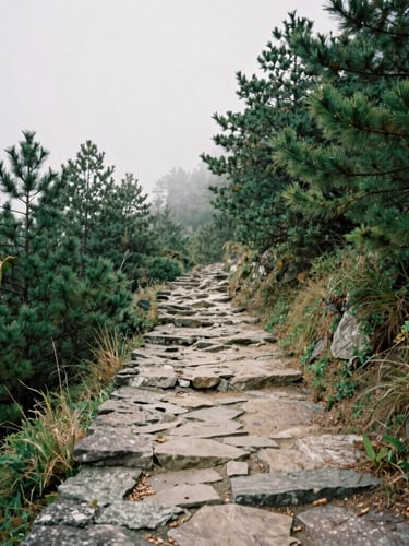 A portrait-aspect shot of a rugged stone trail winding through deep green pine forests in Ramaroshan, soft overcast daylight, misty atmosphere