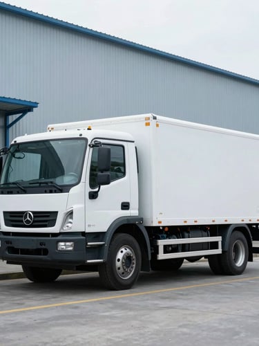 A clean white MSB service truck parked outside a modern steel-clad industrial facility, cool overcast daylight, steel blue tones, crisp technical detail