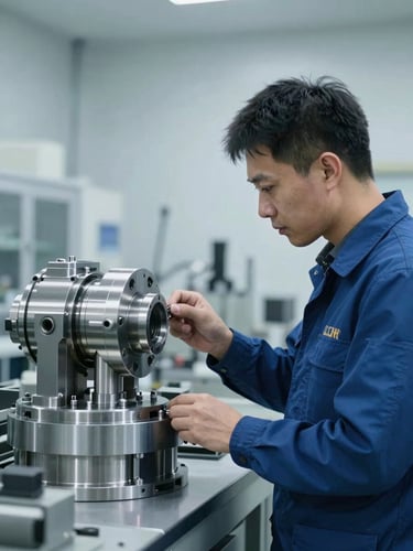 A professional technical sales engineer in a clean industrial workshop examining a precision machined component, cool overcast daylight, 35mm lens