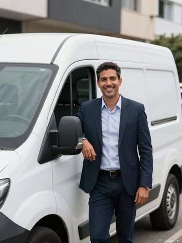 A smiling Brazilian male driver in his 30s standing next to a clean white Renault Master van in a bright urban street, natural daylight, professional and friendly look