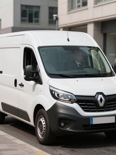 Medium shot of a clean modern white Renault Master van parked on a bright urban street during daytime, a professional driver next to it, high-contrast lighting.