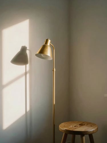 A beautifully balanced room corner with a gold-accented floor lamp, a low oak stool, and soft shadows on the wall, warm morning window light, shallow depth of field, 35mm