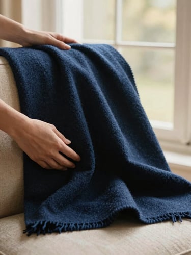 Hands gently arranging a heavy navy wool throw over a textured linen chair, warm morning window light, shallow depth of field, 35mm