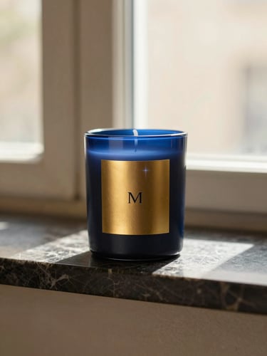 Styled vignette of an artisanal candle on a dark marble mantle, warm morning window light, soft shadow play, rich navy and gold tones, shallow depth of field, 35mm