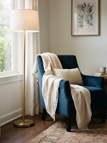 Warm editorial photography of a sunlit living room corner, soft morning window light, textured cream linen throw draped over a navy accent chair, brushed gold floor lamp, shallow depth of field, 35mm