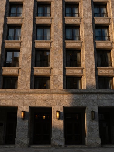 Expansive architectural wide shot of a luxury hotel facade clad in hand-dressed grey sandstone, warm golden sunset light casting deep shadows, 35mm